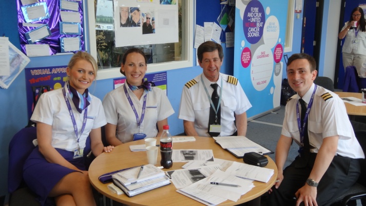 image: Crew briefing before flight - pilots and cabin crew training as a team.